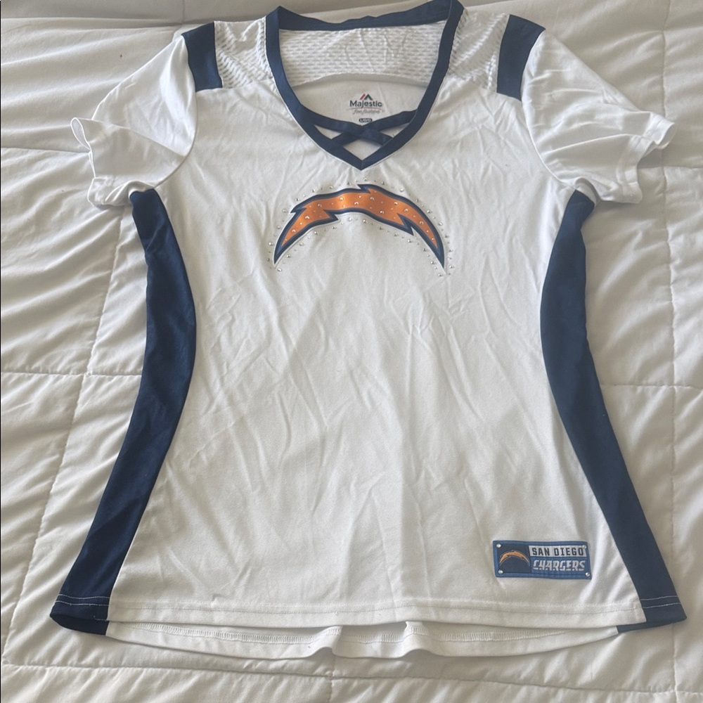 Majestic Women’s White & Navy San Diego Chargers V-Neck Jersey
